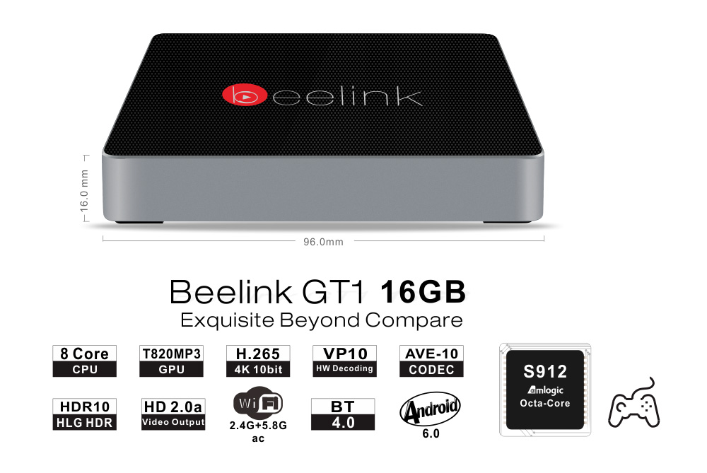 Beelink GT1 Android 6.0 Amlogic S912 4K KODI 2GB/16GB TV BOX 2.4G/5.8G WIFI Bluetooth Gigabit LAN HDMI - Black