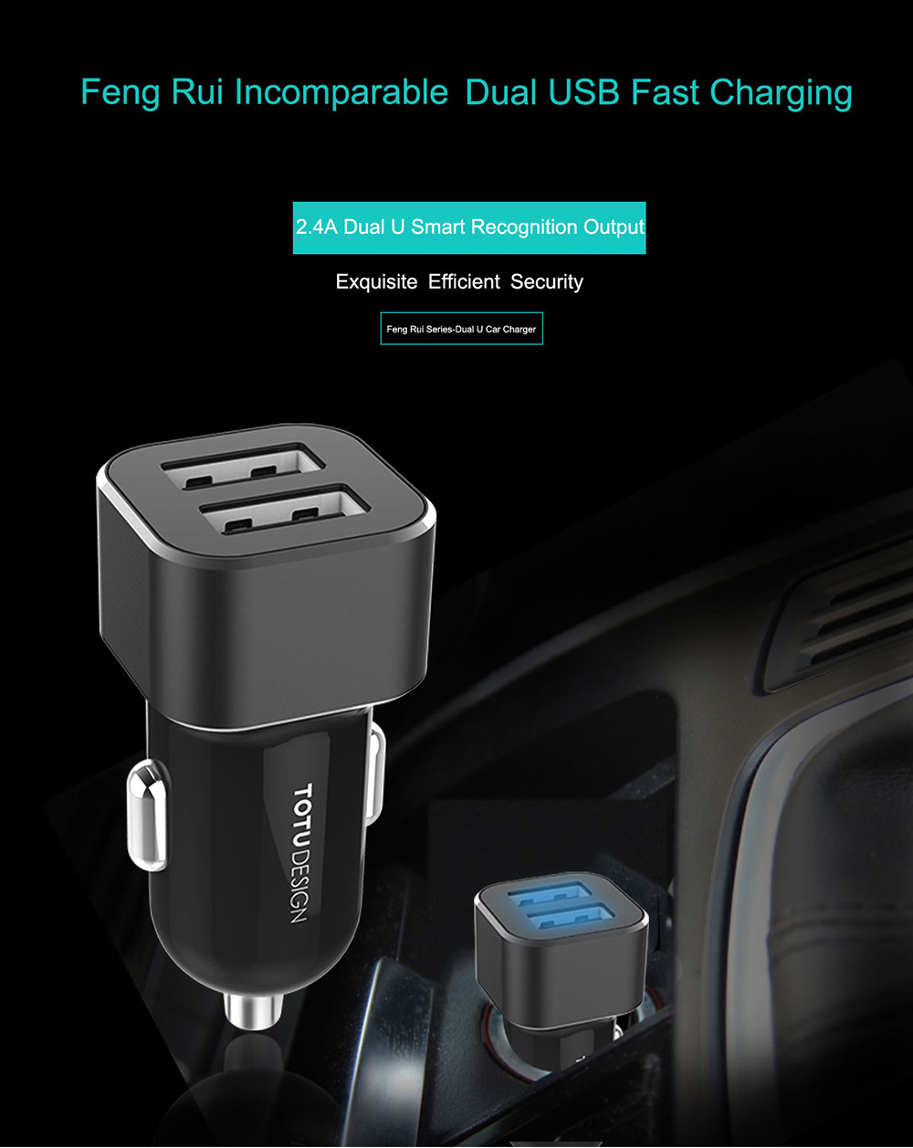 TOTU CC14 Smart Car Charger Dual USB Ports 5V 2.4A Fast Charge Mini USB Car Charger with LED Light Wide Compatible - Black