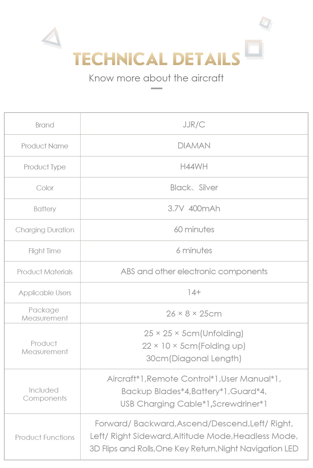 JJRC H44WH DIAMAN 720P WIFI FPV Foldable RC Quadcopter with Altitude Hold Mode RTF - Black