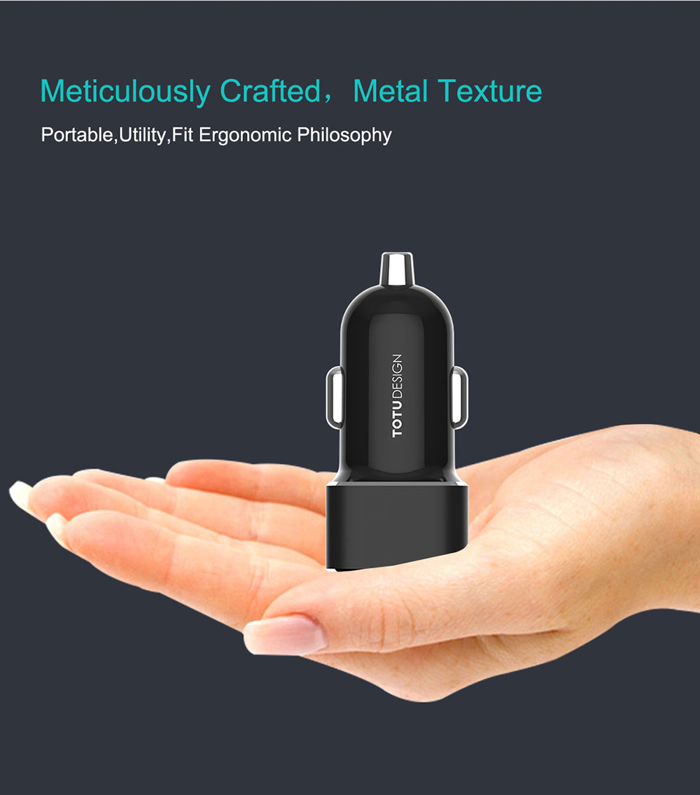 TOTU CC14 Smart Car Charger Dual USB Ports 5V 2.4A Fast Charge Mini USB Car Charger with LED Light Wide Compatible - Black