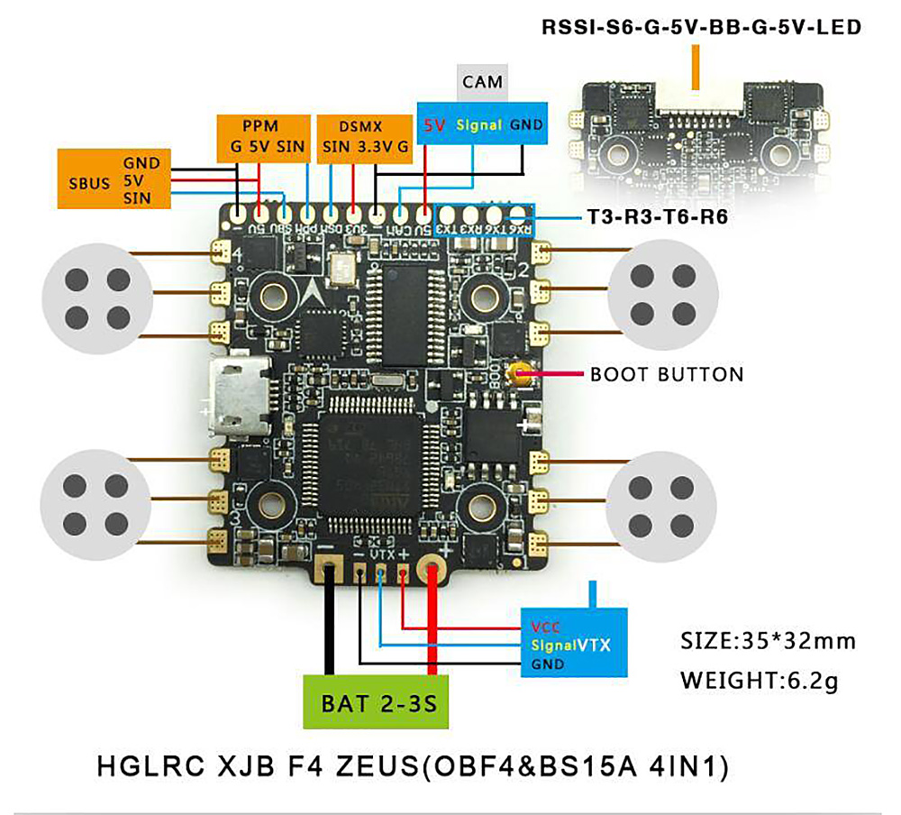 HGLRC F4 ZEUS FC+ESC AIO Flight Controller with STM32F405 CPU/BFOSD/5V BEC/4 IN 1 15A BLHELI_S ESC