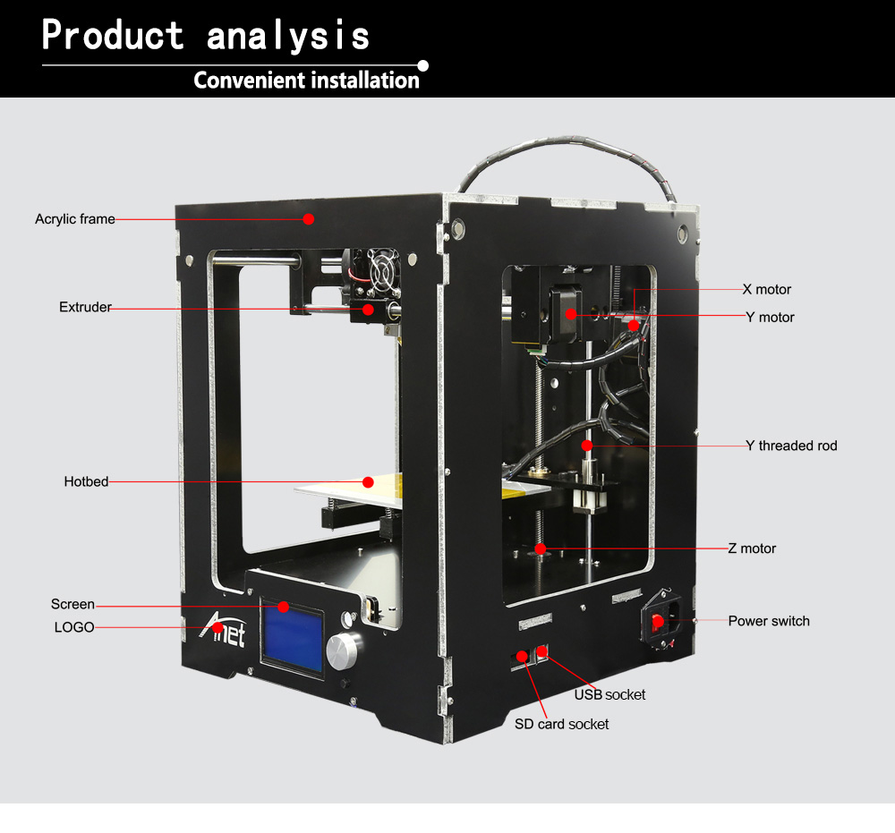 Anet A3 3D Printer Full Aluminum Plastic Frame Assembled LCD Display Support 16GB TF Card