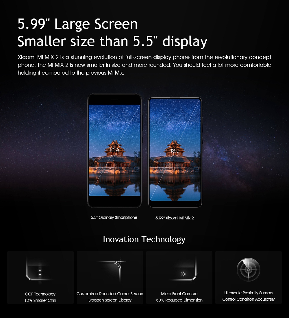 Xiaomi Mi Mix 2 5.99 Inch 4G LTE Smartphone 6GB 128GB 12.0MP Cam Snapdragon 835 Octa Core Android 7.1 NFC VoLTE Four-sided Curved Ceramic Body - Black