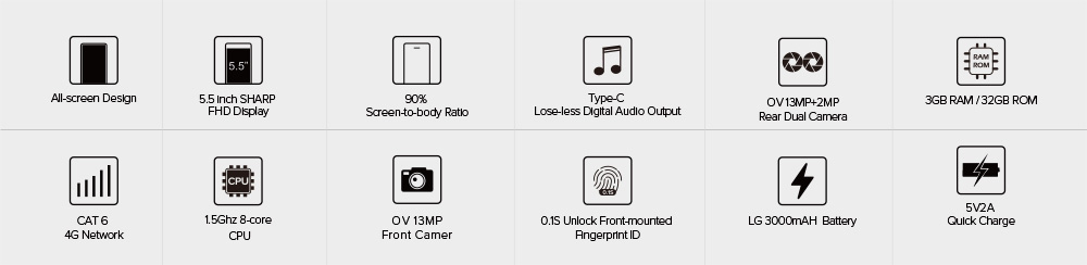 [HK Stock]Leagoo KIICAA MIX 5.5 Inch FHD Smartphone 3GB 32GB MT6750T Octa Core Dual Rear camera Android 7.0 Touch ID Type -C - Black