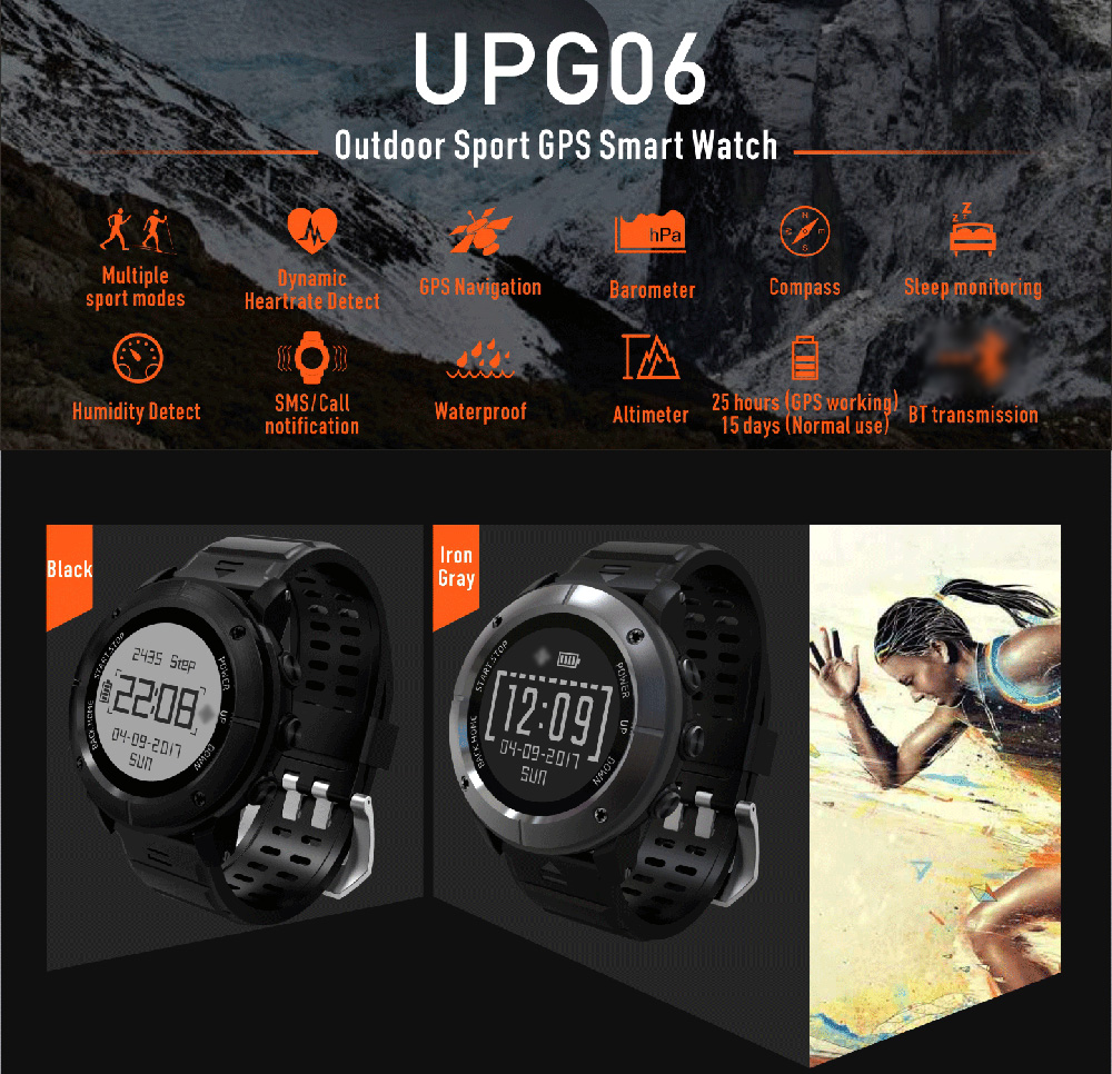 Makibe UPG06  Sport Smartwatch 1.21 Inch OLED Display GPS Bluetooth Heart Rate Monitor Fitness Tracker Smart Band with Compass - Black