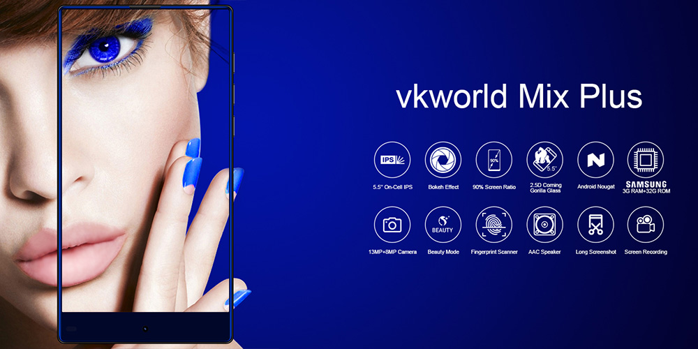 vkworld Mix Plus 5.5 Inch Smartphone Bezel-less Screen 3GB 32GB MT6737 Quad Core 13.0MP+8.0MP Cam Android 7.0 Touch ID AAC Speaker - Blue