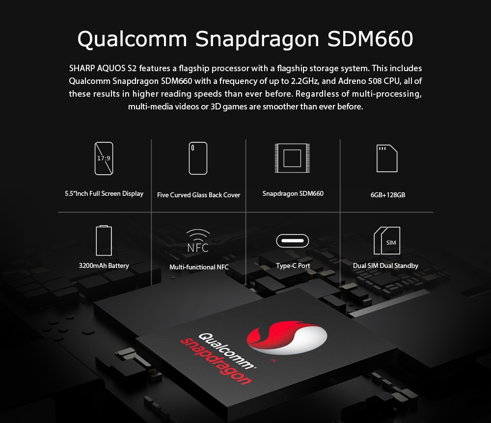 [HK Stock]SHARP AQUOS S2 5.5 Inch 4G LTE Smartphone 12.0MP+8.0MP Dual Rear Cam Snapdragon SDM660 Octa Core 6GB 128GB Android 7.1 NFC VoLTE Fast Charge Type-C - Blue
