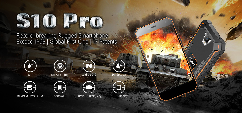 [HK Stock]NOMU S10 Pro 5.0 Inch IP68+ Waterproof 4G LTE Smartphone 3GB 32GB MTK6737T Quad Core 8.0MP Cam Android 7.0 5000mAh - Black