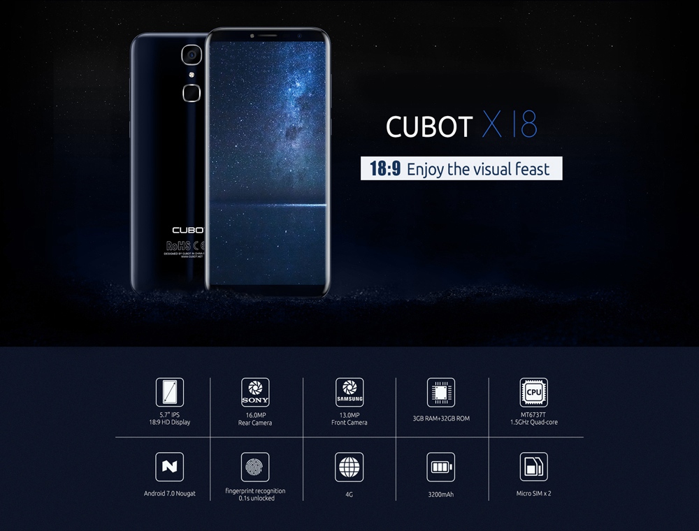 [HK Stock]Cubot X18 5.7 Inch Smartphone 18:9 HD Screen 16.0MP + 13.0MP Cam MT6737T Quad Core 3GB RAM 32GB ROM 4G LTE 3200mAh Touch ID - Blue