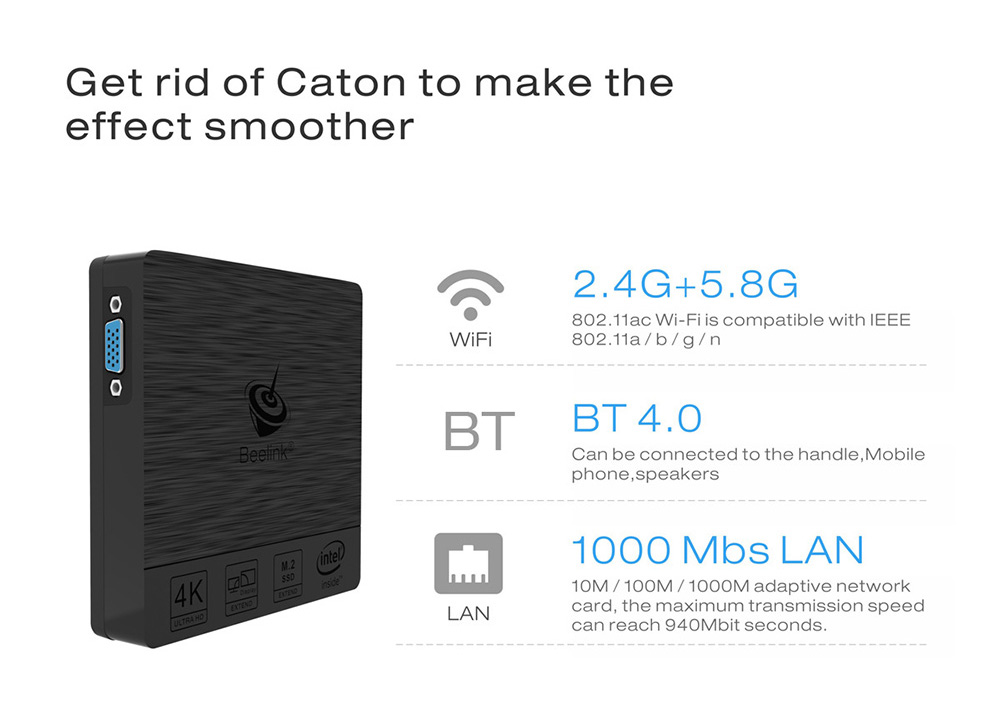 Beelink BT3 PRO Licensed Windows 10 64Bit MINI PC Intel Atom X5-Z8350 4GB/64GB 2.4G/5.8G WIFI Gigabit LAN HDMI VGA USB3.0 - Black
