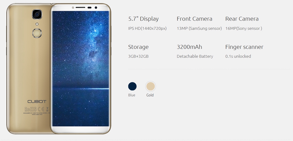 [HK Stock]Cubot X18 5.7 Inch Smartphone 18:9 HD Screen 16.0MP + 13.0MP Cam MT6737T Quad Core 3GB RAM 32GB ROM 4G LTE 3200mAh Touch ID - Blue