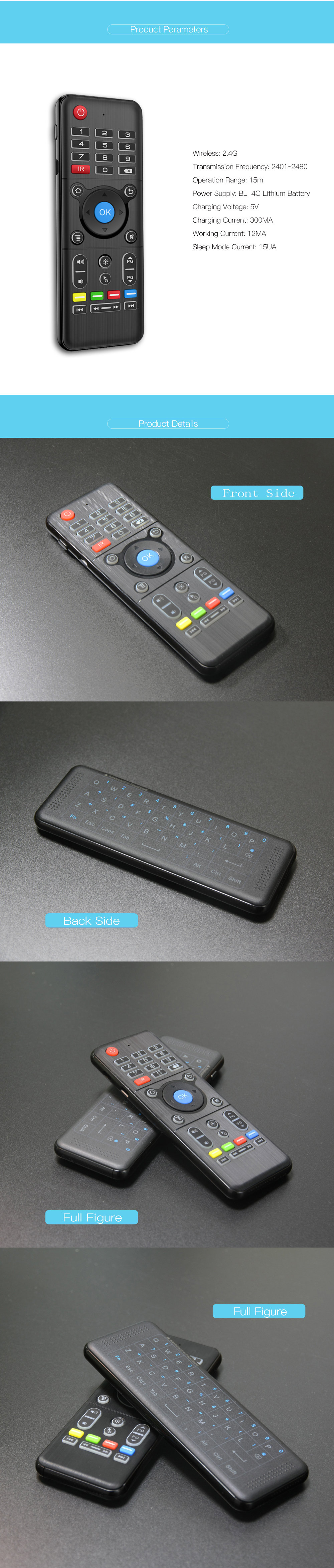 H1 2.4GHz 6-Axis Gyro Air Mouse with Backlight Full Touchpad Keyboard for Andriod/Windows/Mac OS/Linux Systems - Black