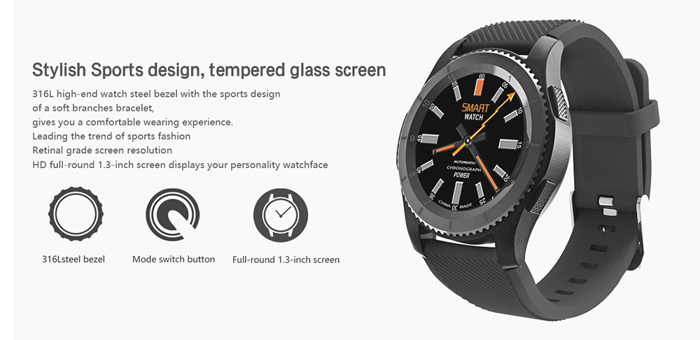 No.1 G8 Smart Watch Phone MTK2502 Bluetooth 4.0 SIM Card Call Message Reminder Heart Rate Monitor Compatible with Android IOS - Black