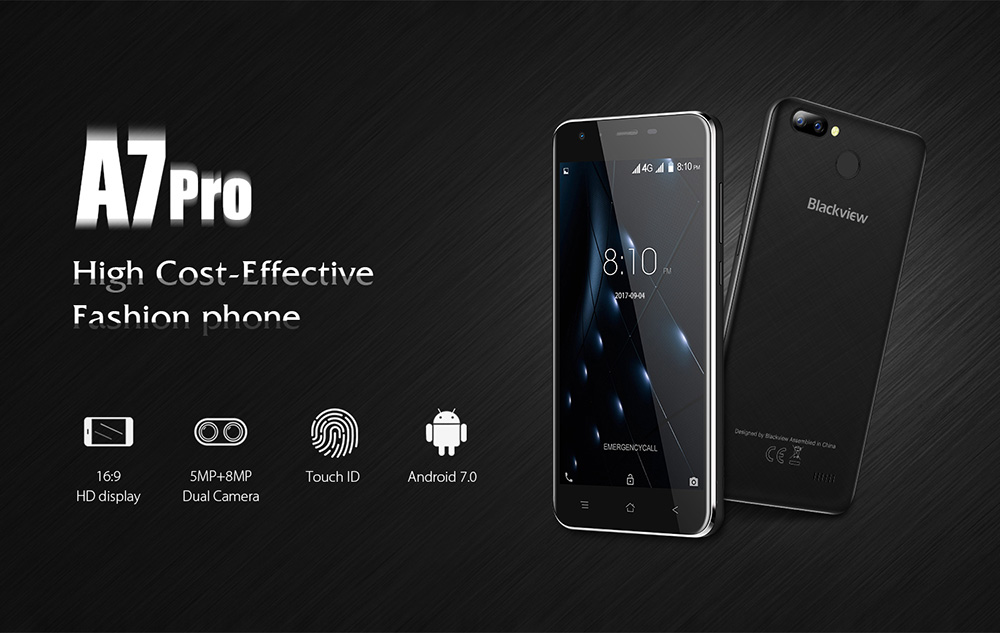 [HK Stock]Blackview A7 Pro 5.0 Inch Smartphone HD Screen Dual Rear Camera 2GB 16GB MT6737 Quad Core Android 7.0 Touch ID - Blue