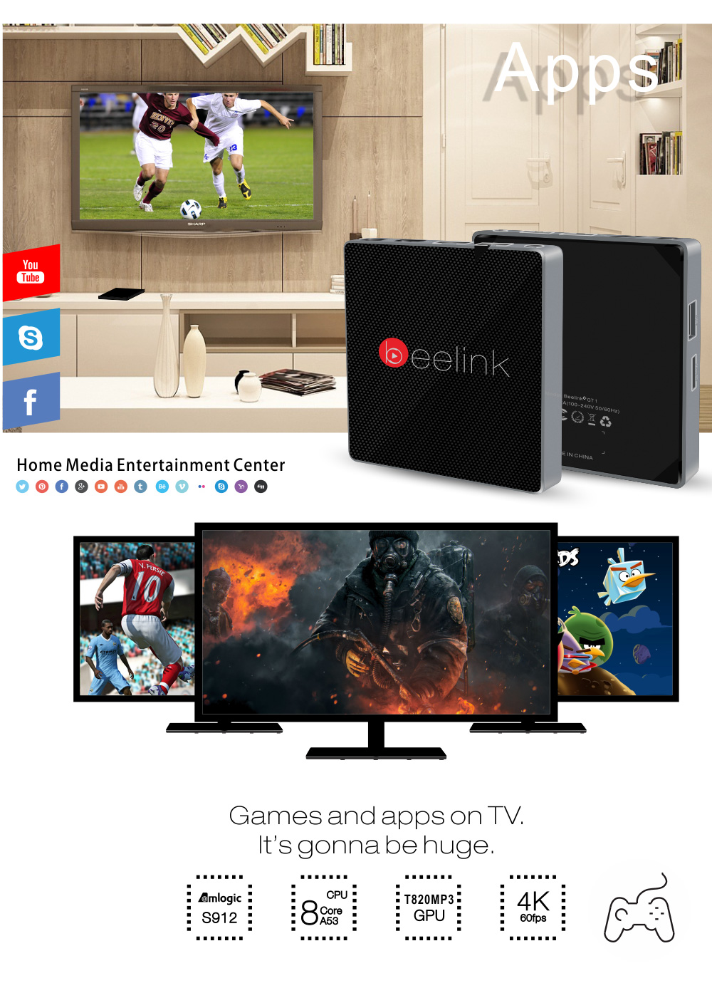 Beelink GT1 Android 6.0 Amlogic S912 4K KODI 2GB/16GB TV BOX 2.4G/5.8G WIFI Bluetooth Gigabit LAN HDMI - Black