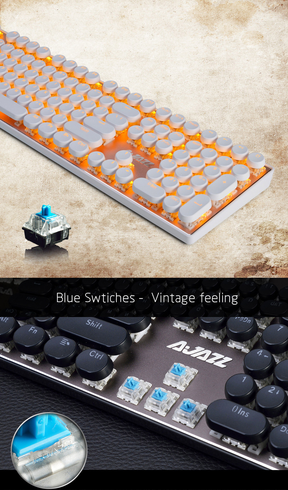 Ajazz Wired Mechanical Keyboard Round Keycaps Ergonomic 108 Keys Blue Switch With Orange Blacklight - White