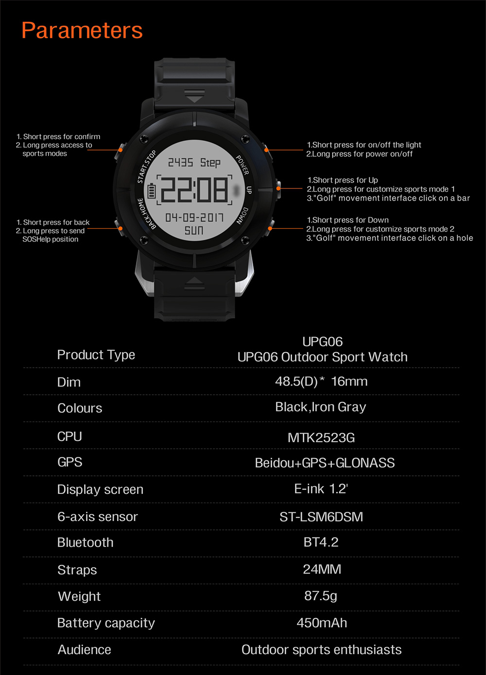 Makibe UPG06  Sport Smartwatch 1.21 Inch OLED Display GPS Bluetooth Heart Rate Monitor Fitness Tracker Smart Band with Compass - Black