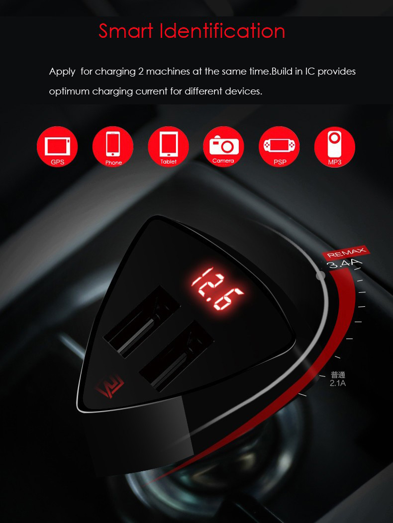 Remax RCC-208 5V 3.4A Fast Charging Universal Dual USB Smart Car Charger with Digital LED Display - Black