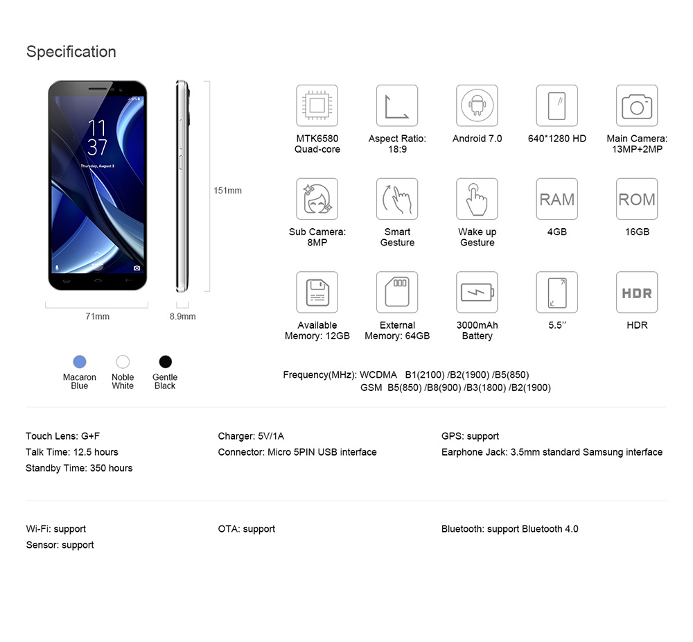 [HK Stock]HOMTOM S16 5.5 Inch Smartphone HD Screen MTK6580 Quad Core 2GB RAM 16GB ROM 8.0MP Cam Android 7.0 Touch ID 3000mAh - Blue