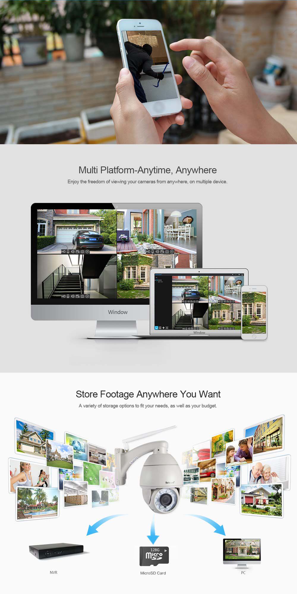 SRICAM SP008 960P WiFi IP Camera H.264 Onivf IP66 Waterproof IR-Cut Night Vision CMOS Sensor Security Camera -White