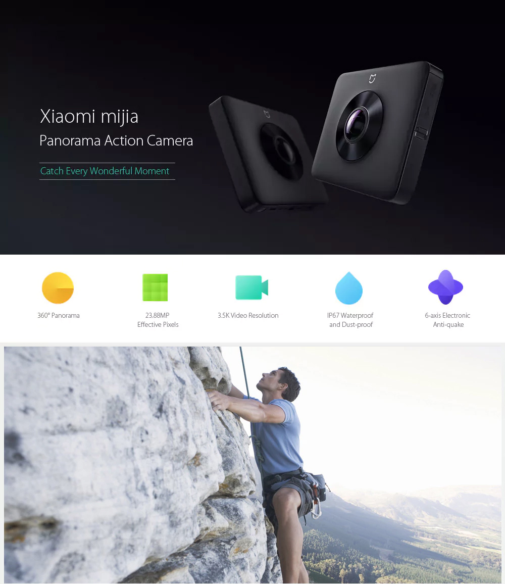 [Spain Stock] Xiaomi 360 Panorama Camera Ambarella A12 Sony IMX206 1/2.3 CMOS Sensor 23.88MP 3.5K Video 6-axis EIS IP67 - Black