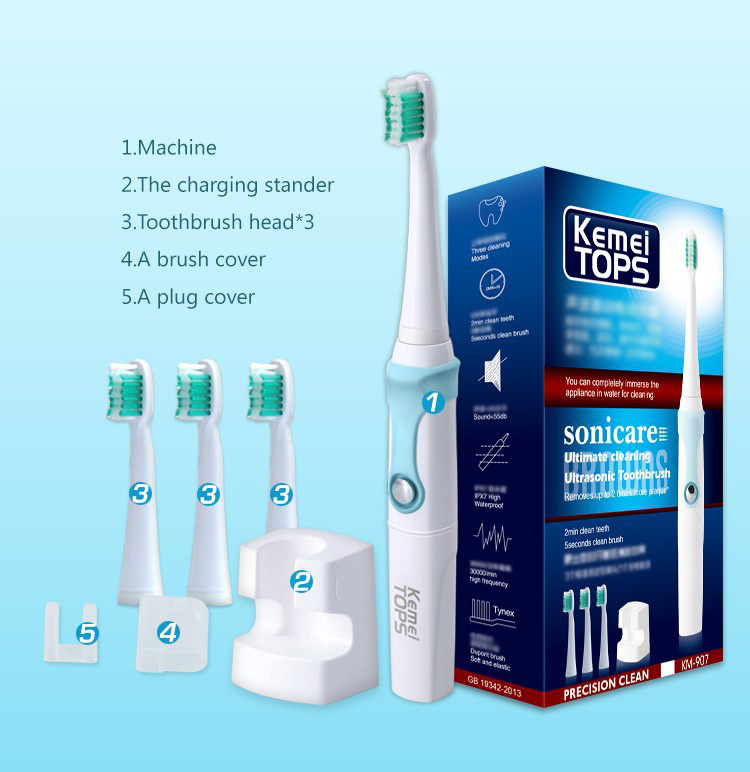 Kemei KM-907 Ultrasonic Electric Toothbrush Rechargeable IPX7 Waterproof -Blue