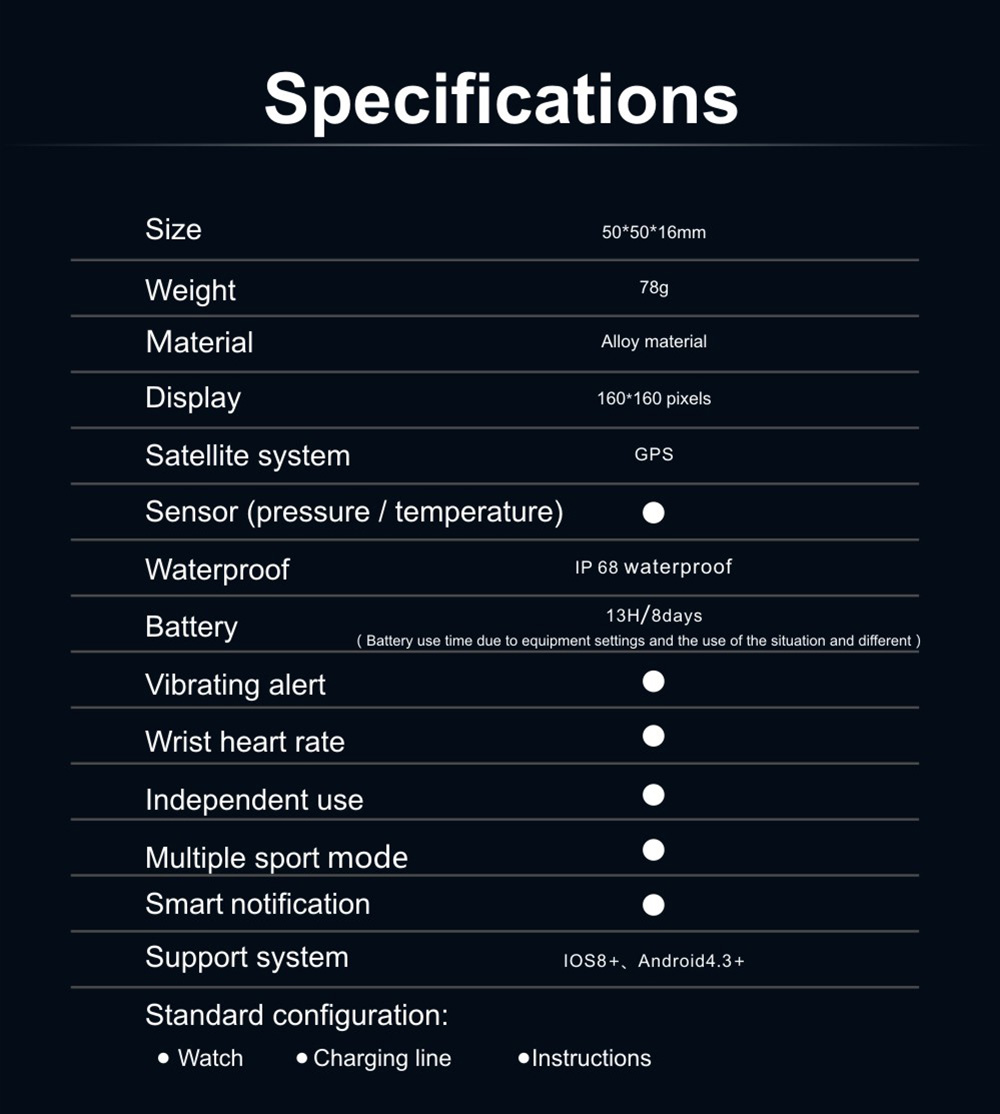 Makibes G07 IP68 Water Resistant Smart Sport Watch GPS Nordic4.0 IOS8 Android4.3 GPS Fitness - Black