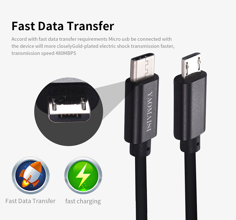 Yaomaisi USB Type-C to Micro USB 1m Data Charging Cable for Tablet PC Smartphones - Black