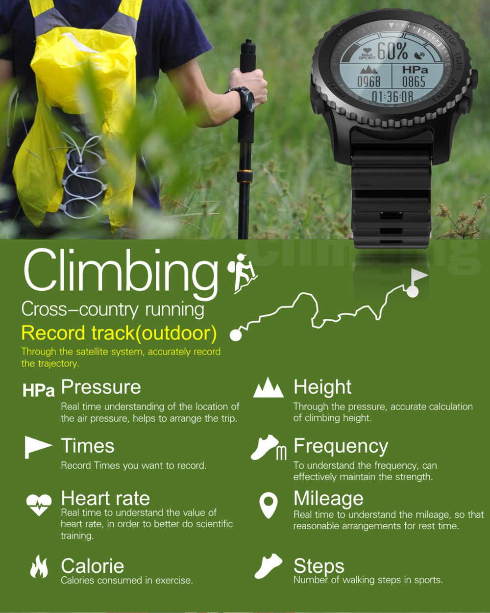 Makibes G07 IP68 Water Resistant Smart Sport Watch GPS Nordic4.0 IOS8 Android4.3 GPS Fitness - Black