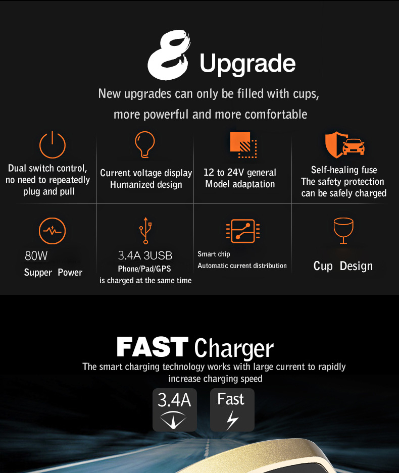 Remax CR-3XP Smart Car Cup Car Charger 3 USB Ports Cigarette Lighter Socket Splitter LED Display 3.4A - Black