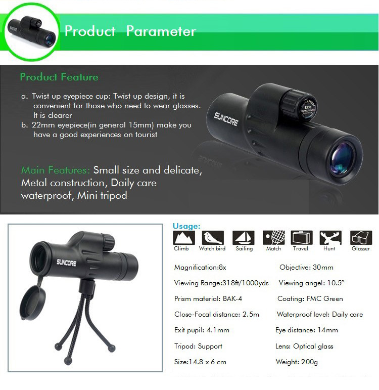 SUNCORE 10014 8x30 Monocular Telescope With Tripod Waterproof BAK-4 Prisms Clear Vision - Black