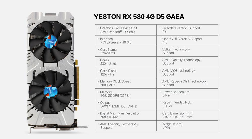Yeston RX580 GPU Graphics Card 4GB 256bit DDR5 Triple Fans 7000MHz Two fans Support DVI HDMI - Black