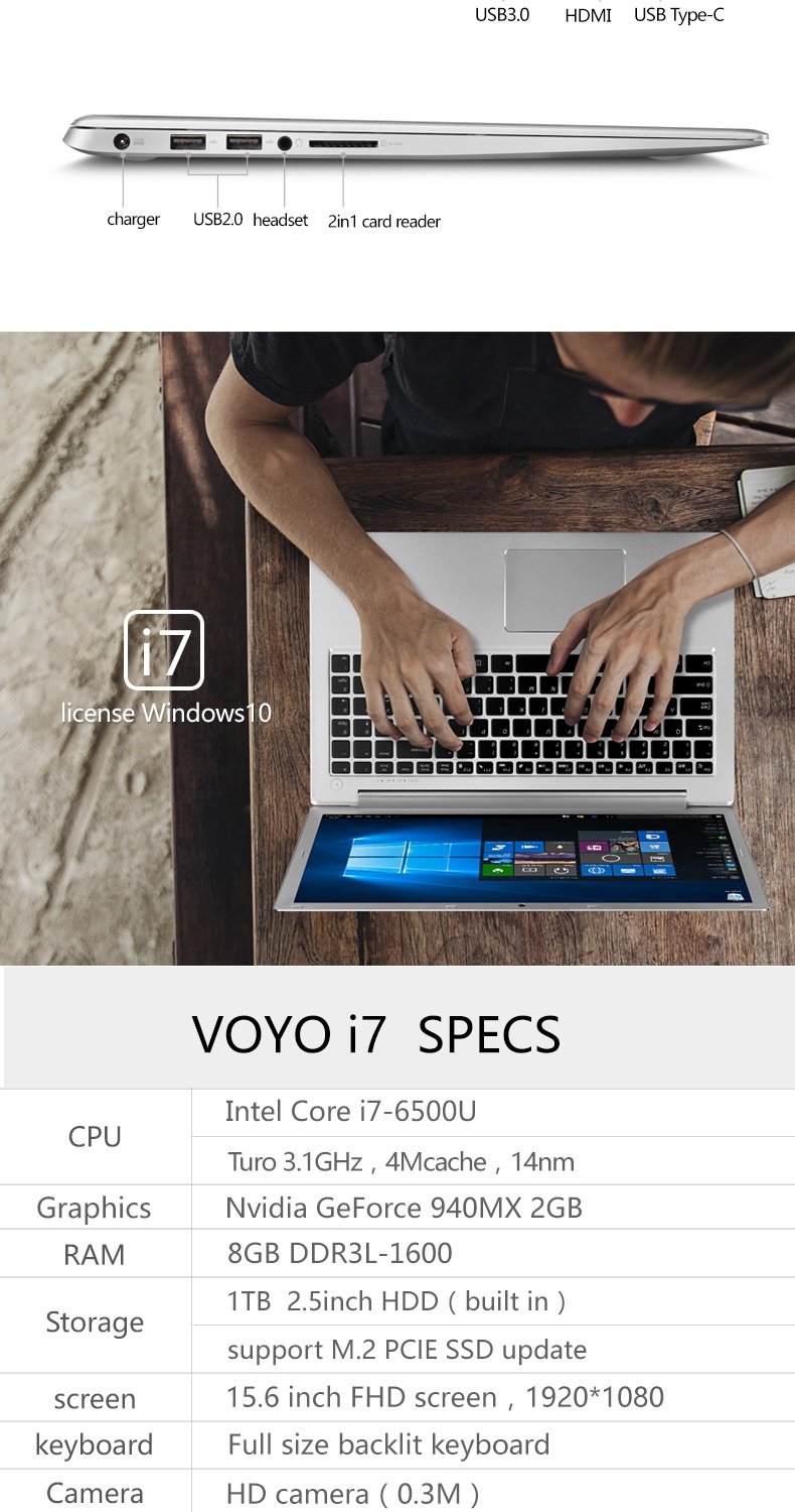 VOYO I7 Notebook 15.6 Inch Intel Core i7-6500U 2.50 GHz Fingerprint 3GB DDR3L RAM 1TB HHD ROM - Silver