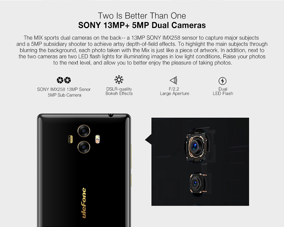 [HK Stock]Ulefone MIX 5.5 Inch Smartphone 4GB 64GB Dual Rear camera MT6750T Octa Core Android 7.0 Touch ID - Black