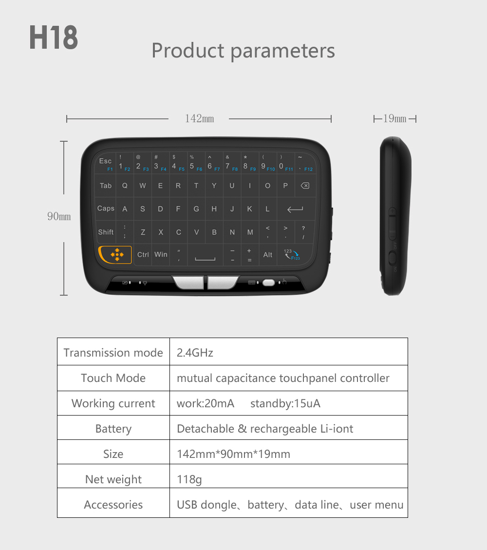 H18 Full Touchpad Mini Wireless Keyboard 2.4GHz Air Mouse for TV Box Pad IPTV PC HTPC HD Player