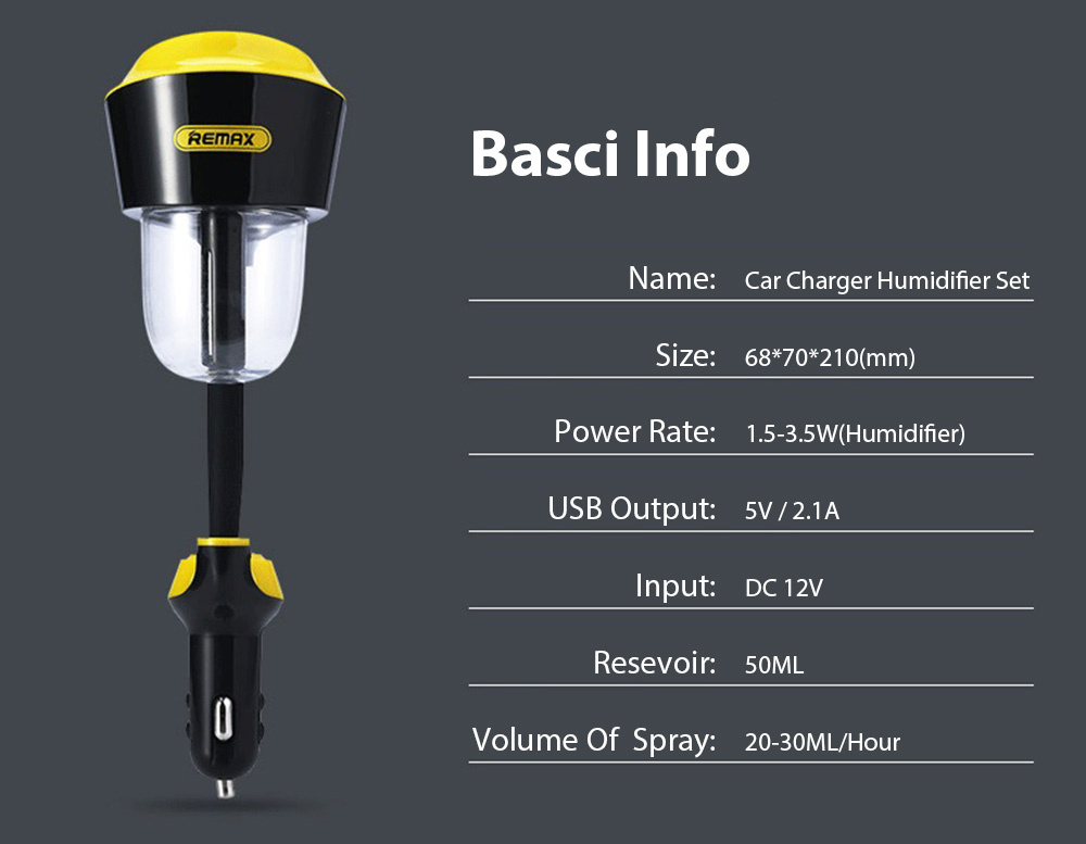 Remax RT-C01 Car Charger Fragrance Humidifier Set with 5V 2.1A Dual USB Charging Ports - Black + Yellow