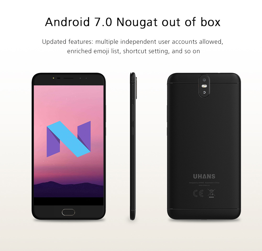 UHANS Max 2 6.44 Inch Smartphone Four Cameras 4GB 64GB FHD Screen MT6750T Octa Core Android 7.0 Touch ID 4300mAh - Black