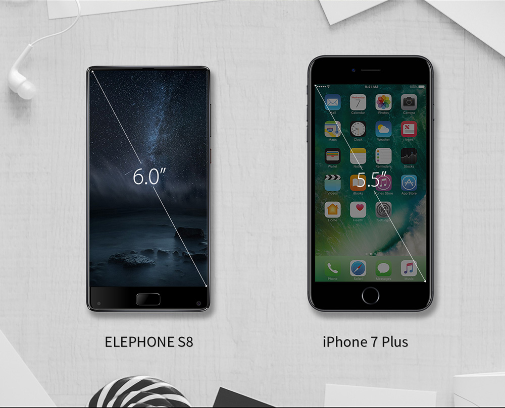 [HK Store]Elephone S8 6.0 Inch 4G LTE Smartphone 2K Full Screen Display Helio X25 Deca Core 4GB 64GB 21.0MP Cam Android 7.1 Touch ID 4000mAh  Qiuck Charge 3D Curved Glass Body - Black