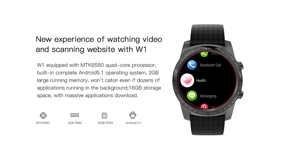 ALLCALL W1 3G Smartwatch Phone Android 5.1 MTK6580 Quad Core 1.3GHz 2GB RAM 16GB ROM GPS Bluetooth 4.0 - Tarnish