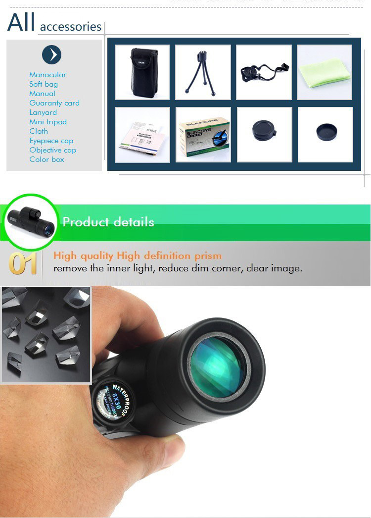 SUNCORE 10014 8x30 Monocular Telescope With Tripod Waterproof BAK-4 Prisms Clear Vision - Black