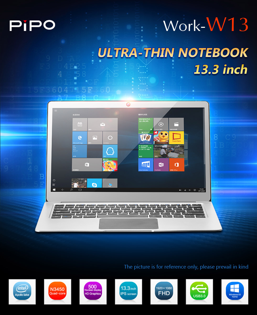 PIPO W13 Notebook 13.3 inch Windows 10 4GB RAM 64GB ROM Intel Celeron N3450 Quad Core IPS 1920*1080 - Silver