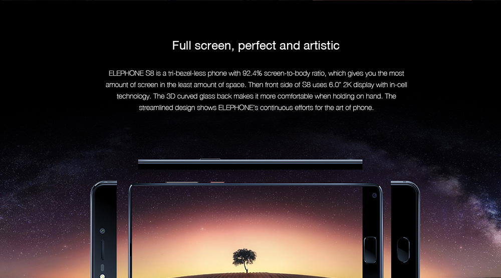 [HK Store]Elephone S8 6.0 Inch 4G LTE Smartphone 2K Full Screen Display Helio X25 Deca Core 4GB 64GB 21.0MP Cam Android 7.1 Touch ID 4000mAh  Qiuck Charge 3D Curved Glass Body - Black