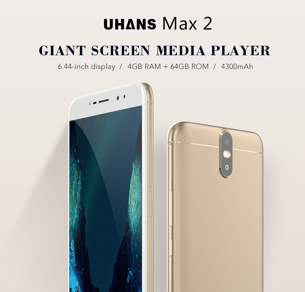 UHANS Max 2 6.44 Inch Smartphone Four Cameras 4GB 64GB FHD Screen MT6750T Octa Core Android 7.0 Touch ID 4300mAh - Black