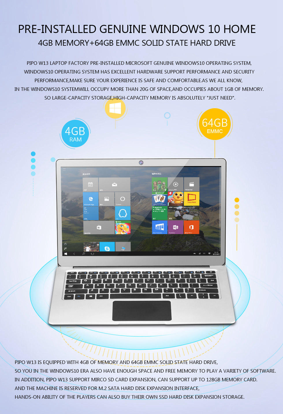 PIPO W13 Notebook 13.3 inch Windows 10 4GB RAM 64GB ROM Intel Celeron N3450 Quad Core IPS 1920*1080 - Silver
