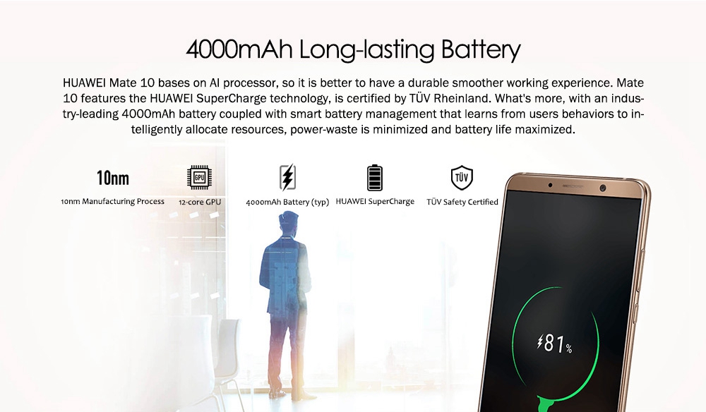 HUAWEI Mate 10 5.9 Inch Smartphone 2K Screen Android 8.0 4GB 64GB Kirin 970 20.0MP + 12.0MP Dual Rear Cam 4000mAh Four-sided Curved Glass Body  - Black