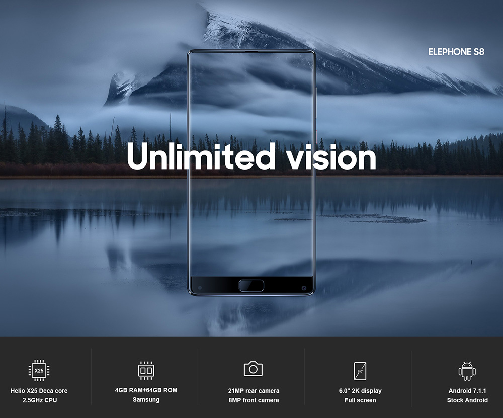 [HK Store]Elephone S8 6.0 Inch 4G LTE Smartphone 2K Full Screen Display Helio X25 Deca Core 4GB 64GB 21.0MP Cam Android 7.1 Touch ID 4000mAh  Qiuck Charge 3D Curved Glass Body - Black