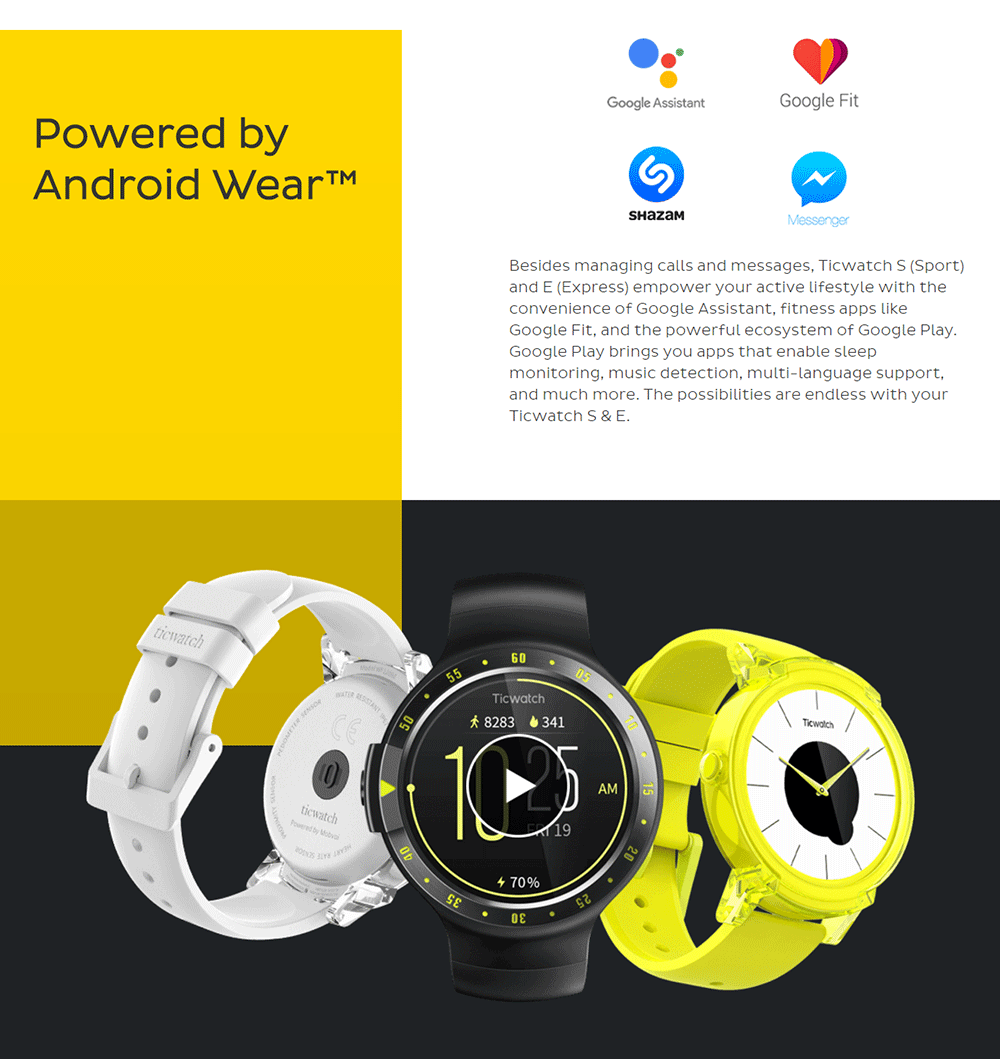 Ticwatch S Sports Smartwatch 1.2" OLED Display Dual Core MTK 2601 Android Wear Bluetooth Music GPS WIFI Compatible with iOS Android - Knight