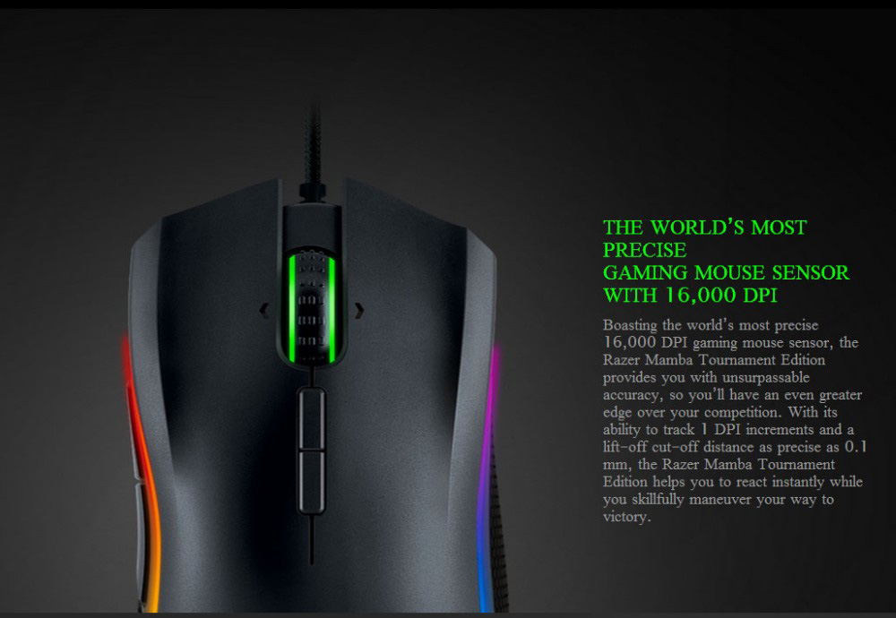 [HK Stock] Razer Mamba Ergonomic Laser Wired Gaming Mouse Tournament Edition Multi-colors 16000 DPI - Black