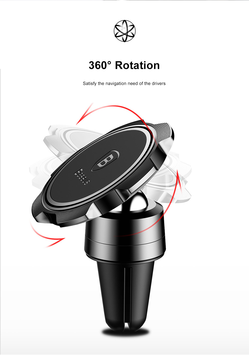 Baseus SUFHL-01 360 Степень вращения Автомобильный телефон Держатель гироскопа Air Vent Car Mount - черный