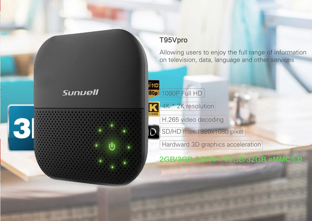 Sunvell T95V PRO Android 7.1 3GB DDR4 32GB eMMC Amlogic S912 KODI 17.1 4K TV BOX 2.4G/5G WIFI Bluetooth Gigabit LAN HDMI - Black